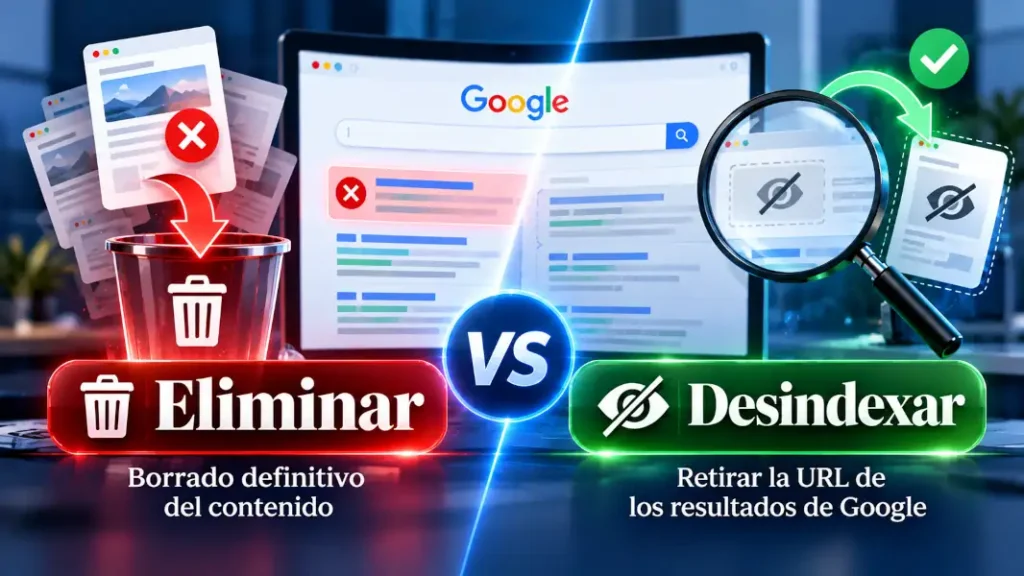 Eliminar vs. desindexar contenido en Google: diferencias entre borrar definitivamente una publicación y retirar una URL de los resultados de búsqueda para proteger la reputación online.