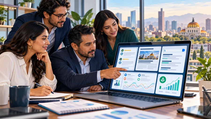 Equipo mexicano analizando señales de reputación digital, búsqueda y comentarios de clientes