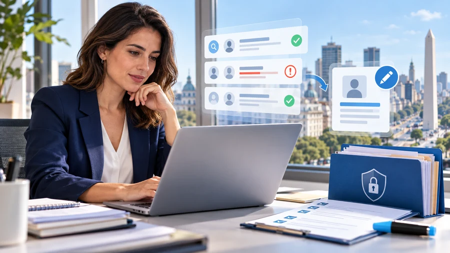Profesional argentina revisando una solicitud de rectificación de datos y resultados de búsqueda