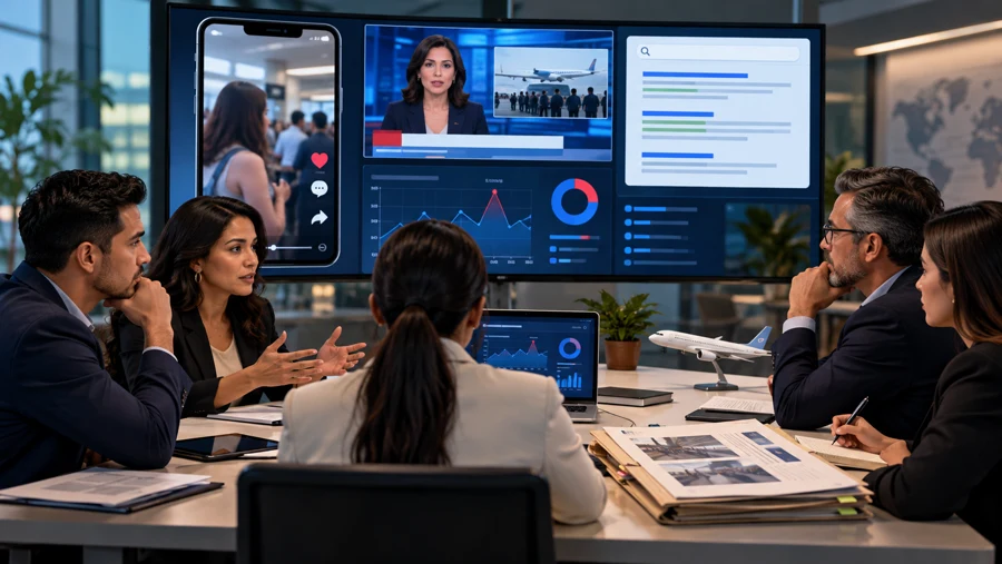 Crisis-response team monitoring video, news and search results after a customer-service incident